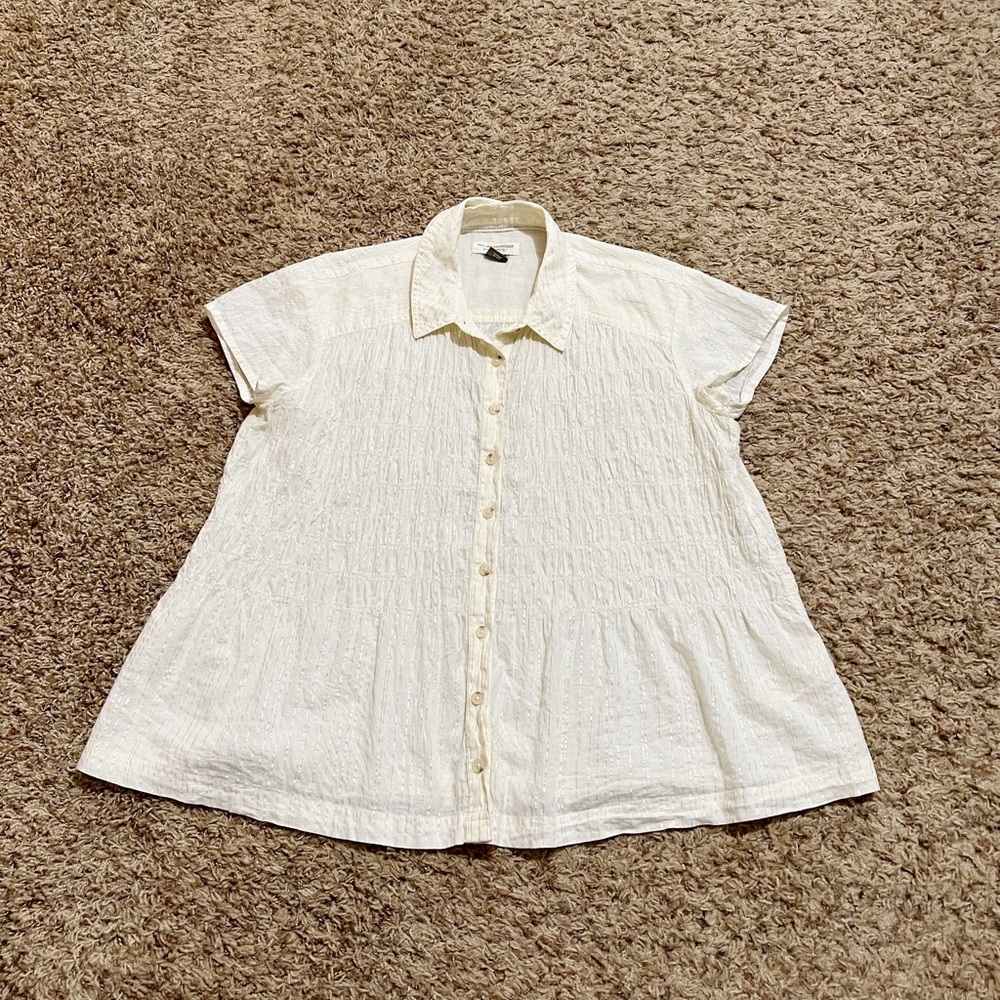 [Pilcro by Anthro] Cream w/Metallic Gold Threading Button Down Smocked Blouse